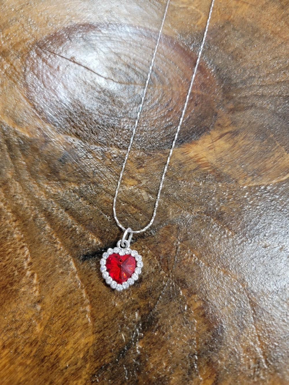 Silver Chain Necklace with Red Heart Crystal and Clear Halo